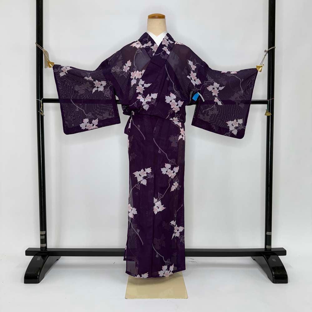 小紋 夏 絽 夏用 洗える着物 裄62.3cm 身丈145cm 花柄 お洒落着