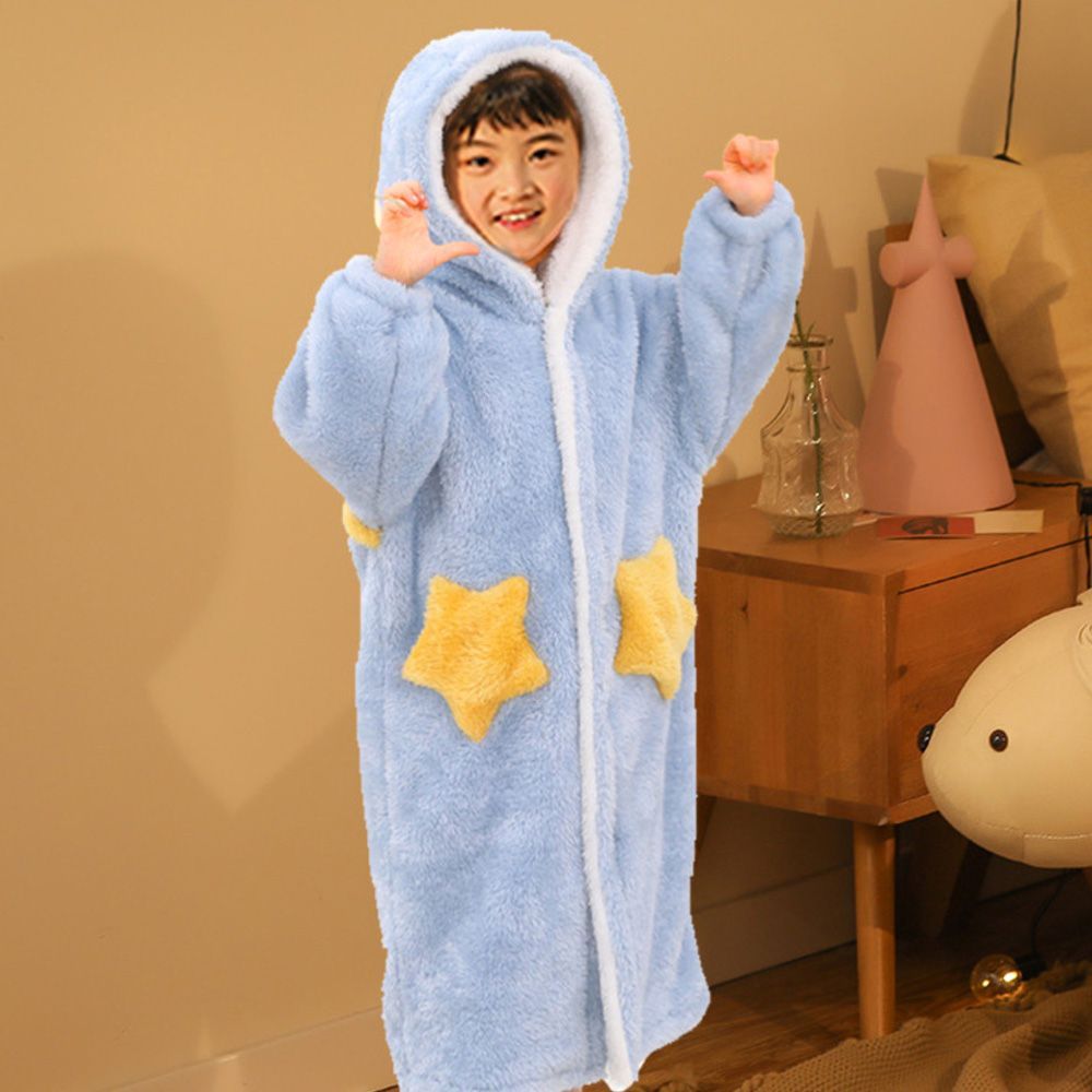 ブルー×ボーイズ  160(推薦身長135-155)  バスローブ pmybath008 キッズ バスローブ ガウン ナイトガウン ロングガウン ルームウェア 着る毛布 部屋着 パジャマ 寝巻き 寝巻 フード付き フード 男の