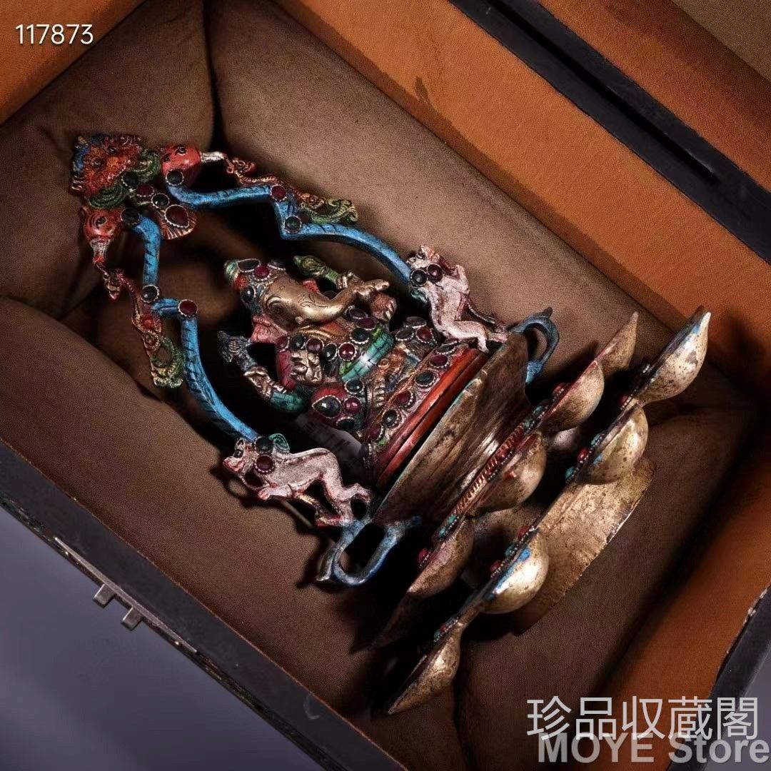 旧蔵象の鼻の富貴神の蓮の花油灯 純銅