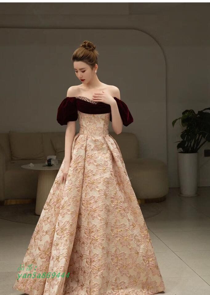 イブニングドレス オフショルダー ベロア お呼ばれドレス ロングドレス Aライン 発表会ドレス ドッキング 二次会ドレス ロング丈 結婚式ドレス yan5a869444