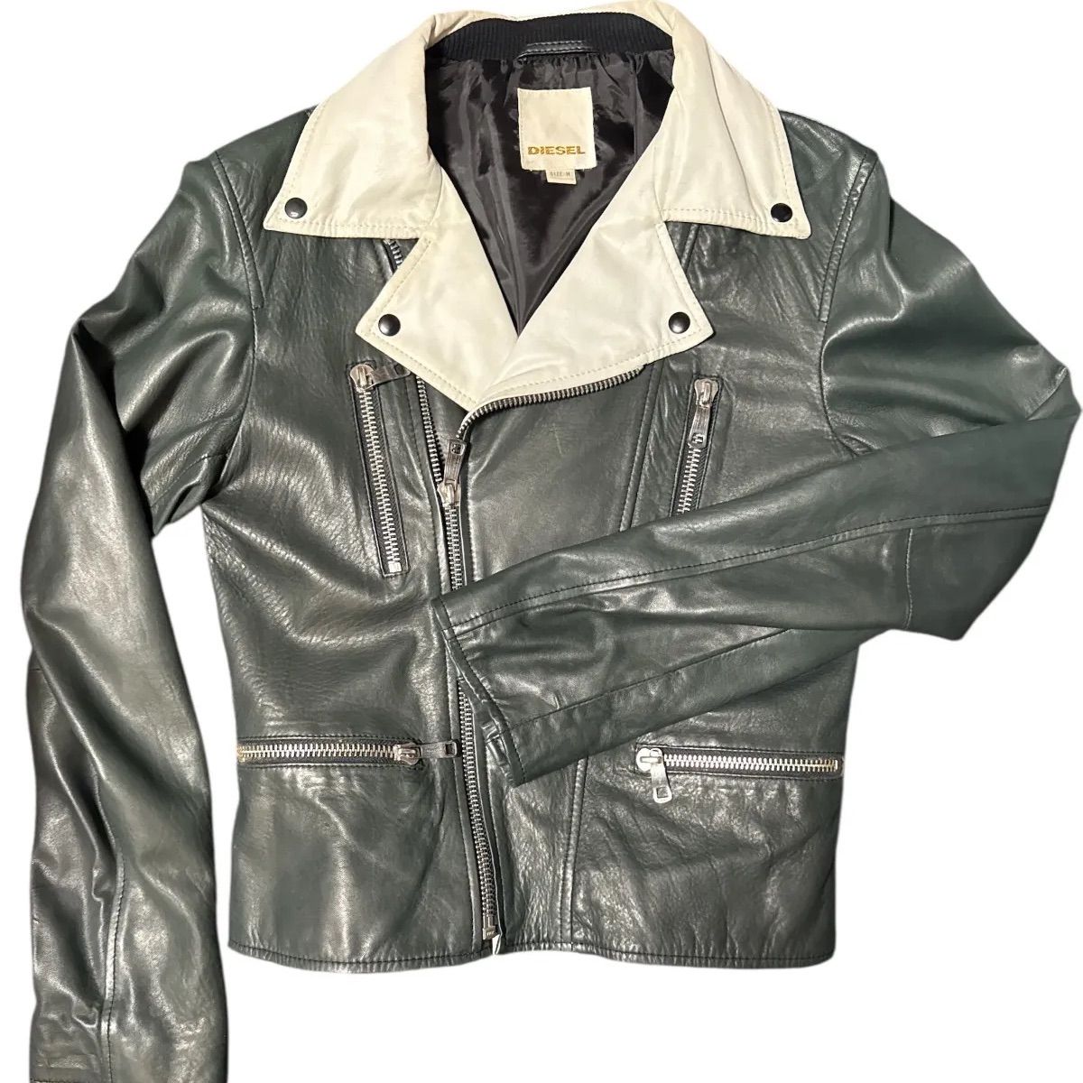 DIESEL レザーライダースジャケット Mサイズ カーキ×アイボリー 切替デザイン