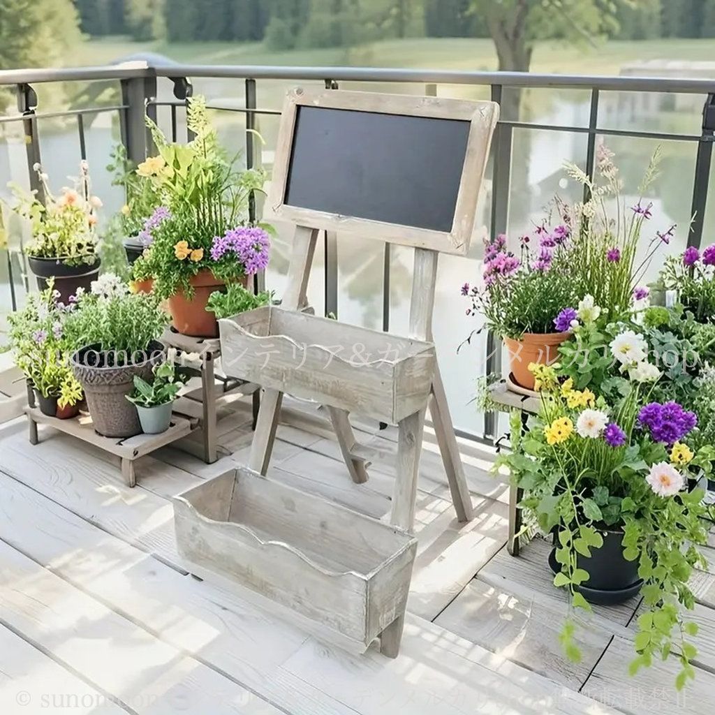 お洒落 庭の装飾 シャビーシック 4-7 プランター ガーデン ガーデンインテリア ホワイト インテリア ガーデン雑貨 カフェ おしゃれ ヴィンテージ調 ガーデニング 2段 黒板付き 木製 雑貨