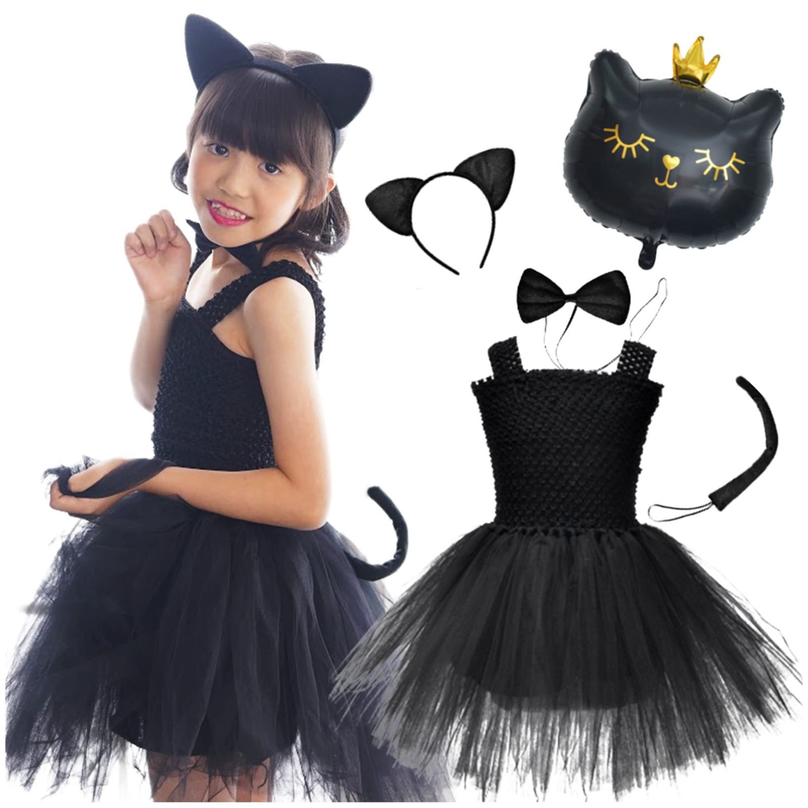 バルーン付き チュールワンピース 5点セット 黒猫コスプレ 80～150 女の子 ハロウィン ハロウィン コスプレ 衣装 子供 黒猫 [MIHI]