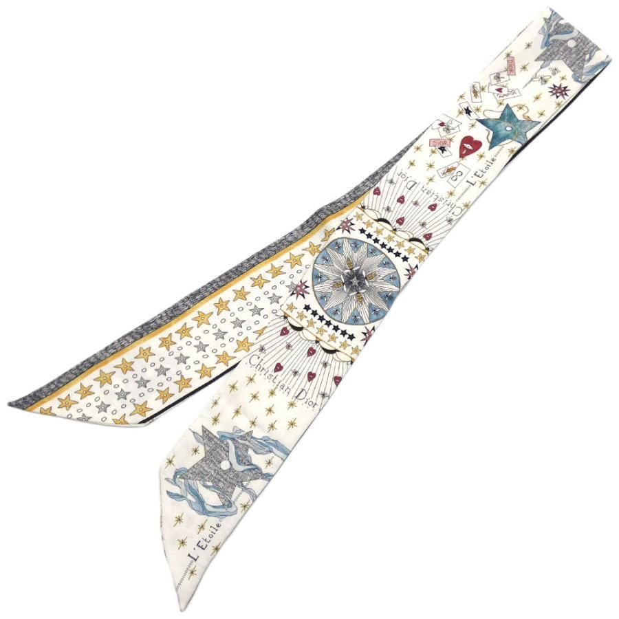 美品 クリスチャンディオール スカーフ Christian Dior シルク ツイリー ミッツァ エトワール オフホワイトxマルチカラー  76MTA106I640 OJ10321