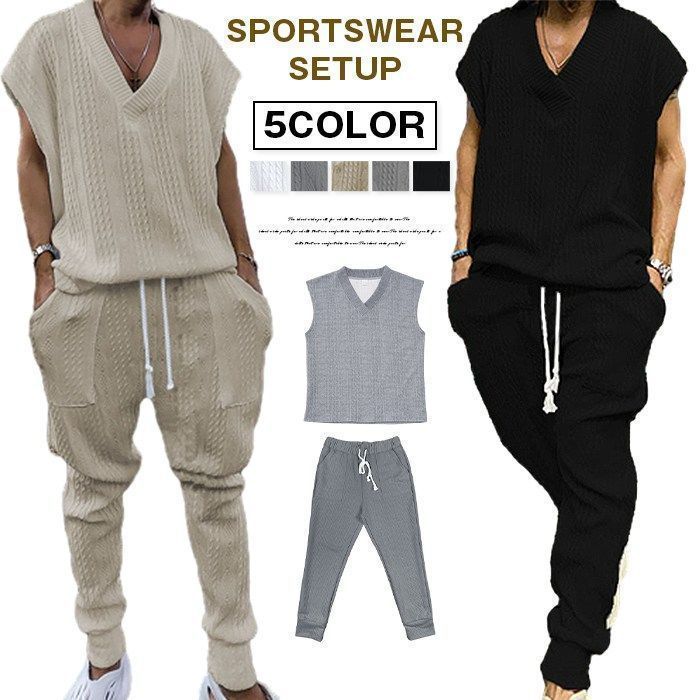 セットアップ ジャージ メンズ 夏 上下セット サマーニット 無地 ビッグシルエット ロングパンツ 大きいサイズ ゆったり 通気 部屋着 ルームウェア 30代 40代 50代 60代 男性 yifengyu179