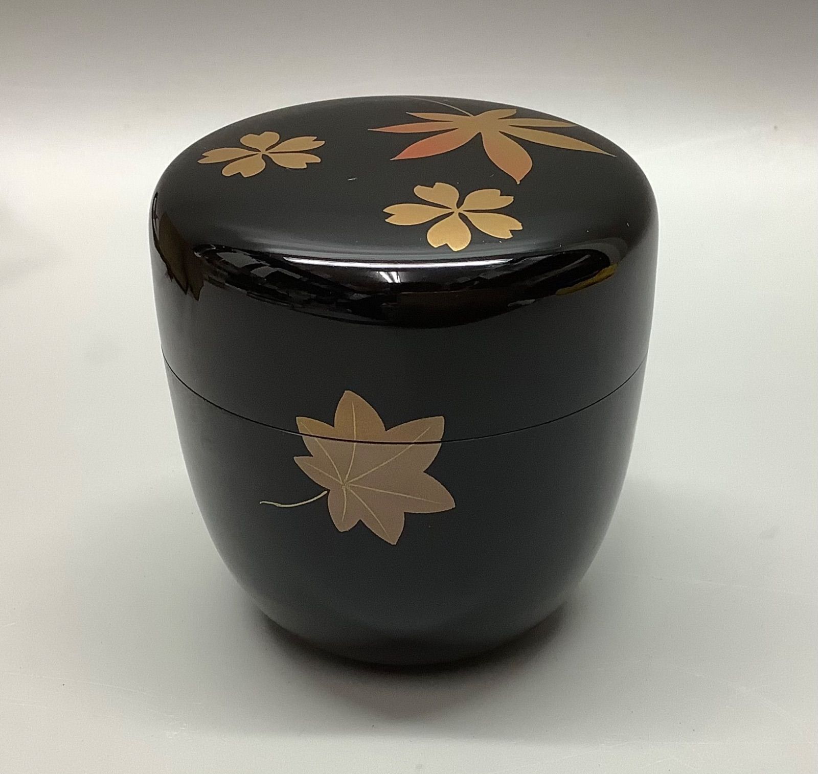 w 松香作 棗 もみじの図 金蒔絵 茶入 茶器 秋 共箱 共布 漆器 黒 茶道具 骨董