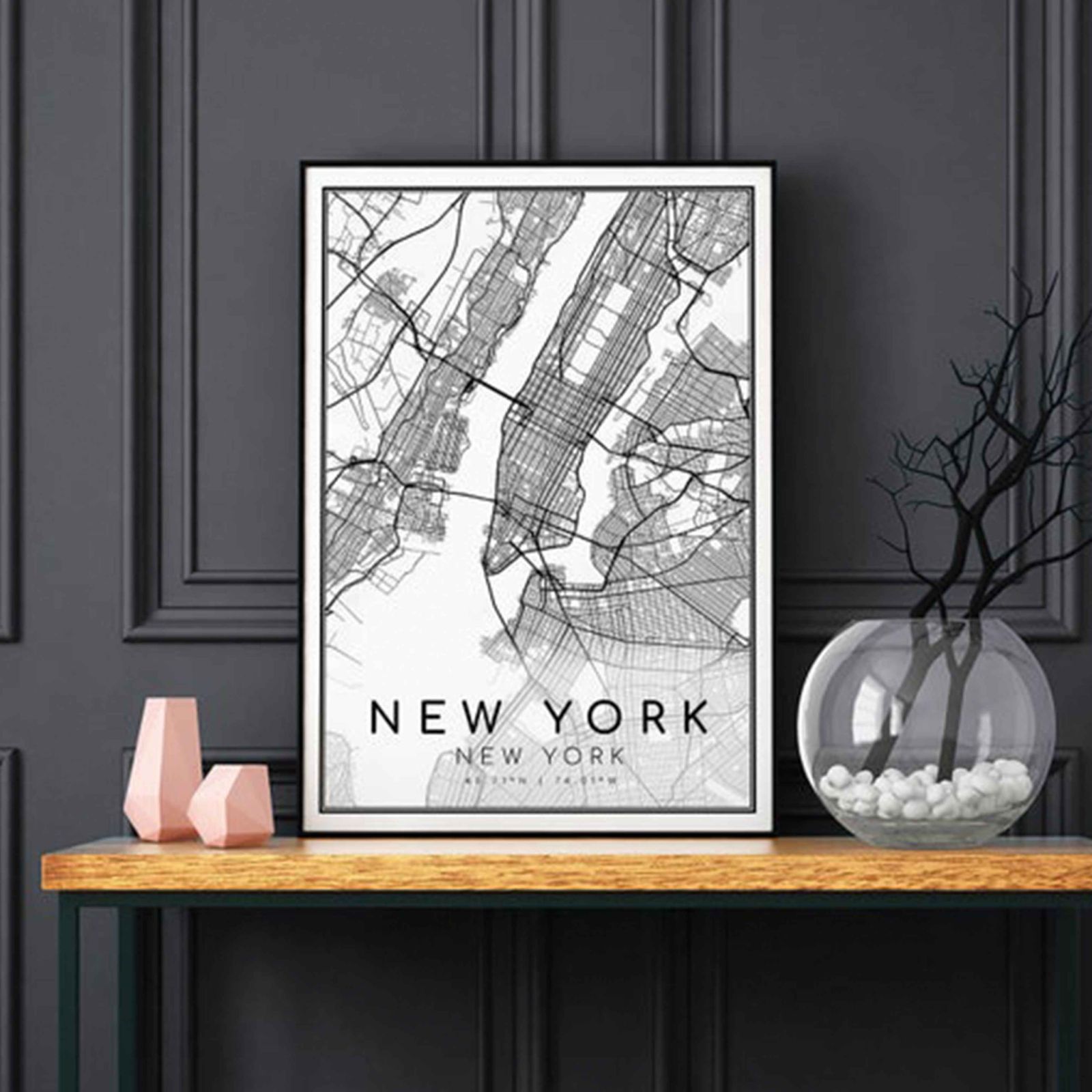 オシャレ モダン 北欧風 ポスター ニューヨーク NY マップ 額 フレーム付き 大判 シンプル 白黒 地図