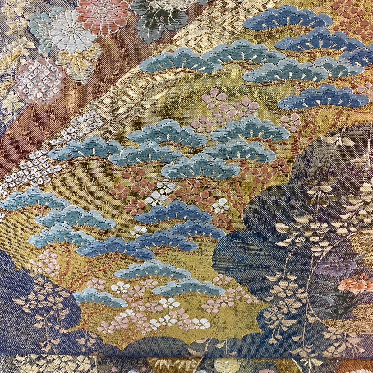 袋帯 美品 秀品 花丸文 草花 金銀糸 箔 灰緑 六通 正絹 【