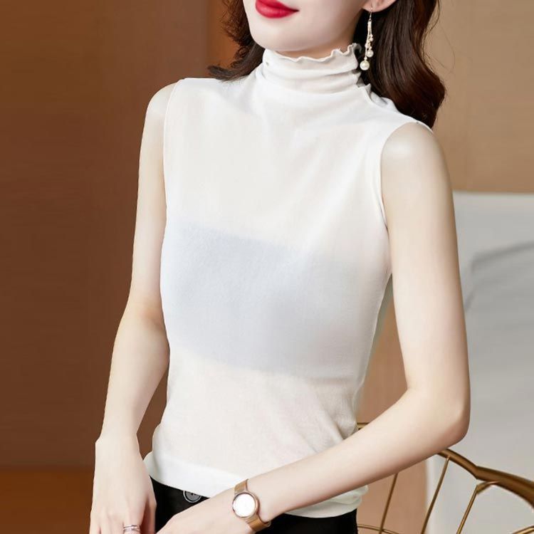 ダイヤ メッシュ デザイン ノースリーブ ハイネック オフホワイト 白ベージュ goudoudou8691.jpg
