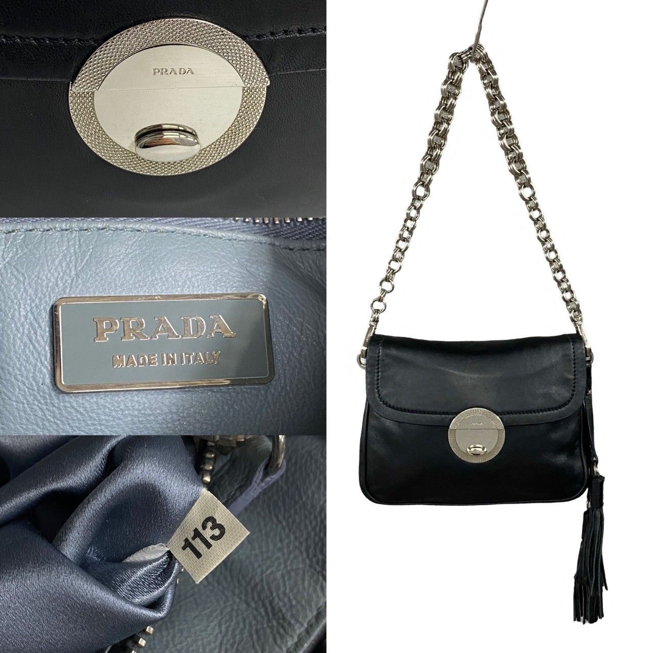 PRADA 黒 レザー フリンジ ポシェット 極 美品 希少品 PRADA プラダ フリンジ レザー 本革 ミニ