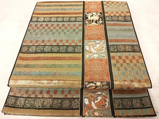 平和屋着物◎六通柄袋帯 段箔正倉院文 金糸 正絹 逸品