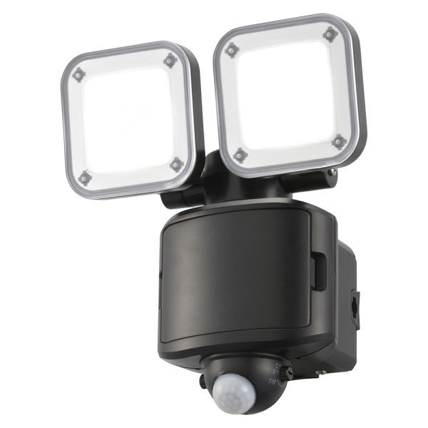 防犯LEDセンサーライト 2灯 1200 lm 昼光色 ソーラー充電 乾電池 単2形×3本使用 ソーラーパネル付属 保護等級IP44 ブラック LS-S120W2