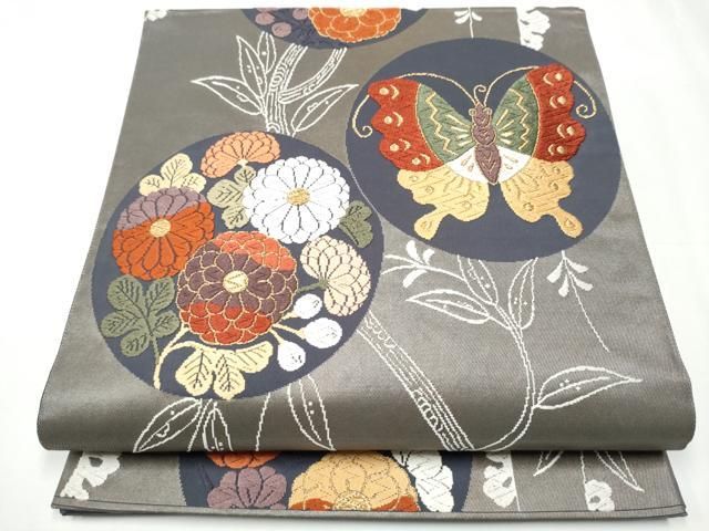 平和屋着物●唐織・西陣の老舗・名門・藤原織物　六通柄袋帯　花蝶丸文　金糸　正絹　逸品　CAAY2726hy 平和屋着物○唐織・西陣の老舗・名門・藤原織物 六通柄袋帯 花