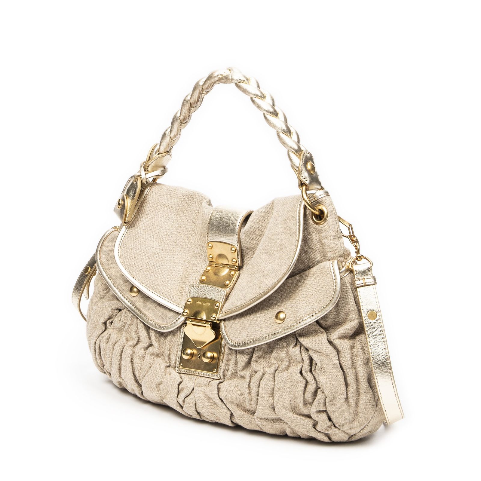 MIU MIU ミュウミュウ2WAY ホーボーバッグベージュ ゴールドマトラッセデニムキャンバスA