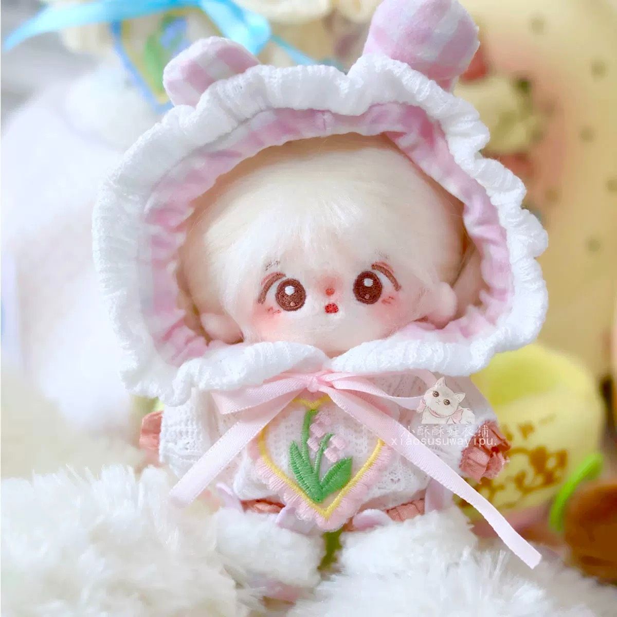 ぬい服 10cm うさ耳 ベビー服 ブルー ピンク 着ぐるみ 10~12cm