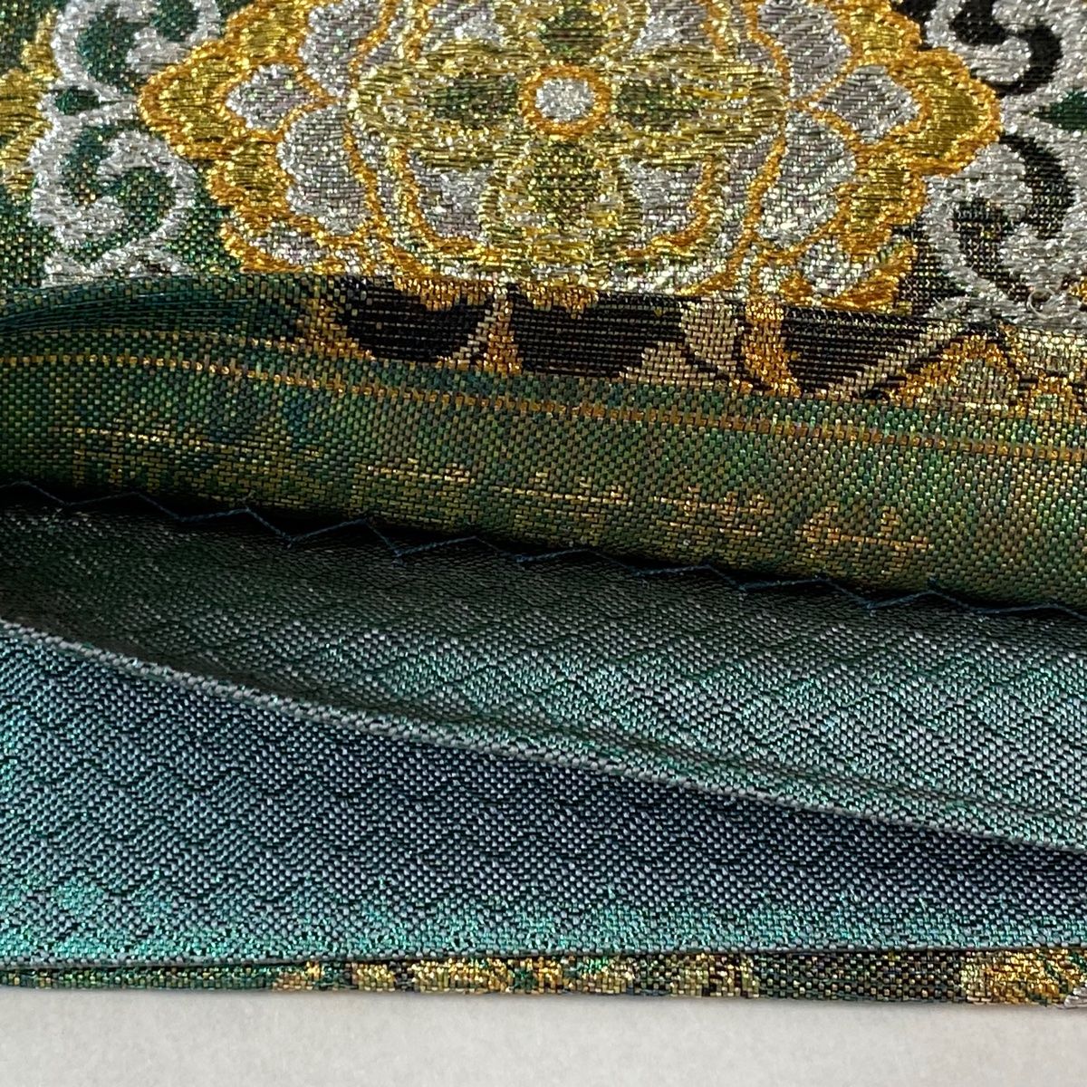 袋帯 美品 秀品 華文 花唐草 金糸 箔 灰緑 六通 正絹 【中古】