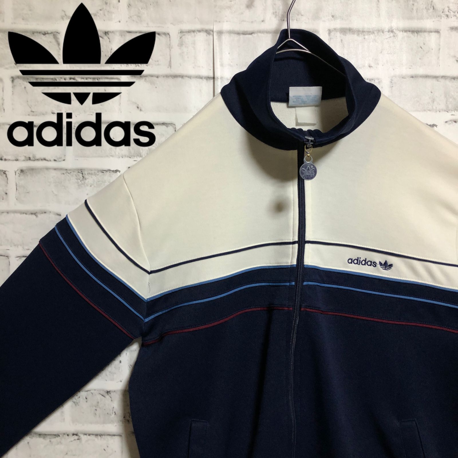 ベージュ×ネイビー　adidas 80s トラックジャケット 美品⭐️80s⭐️adidas トラックジャケット/ジャージ M 刺繍トレ