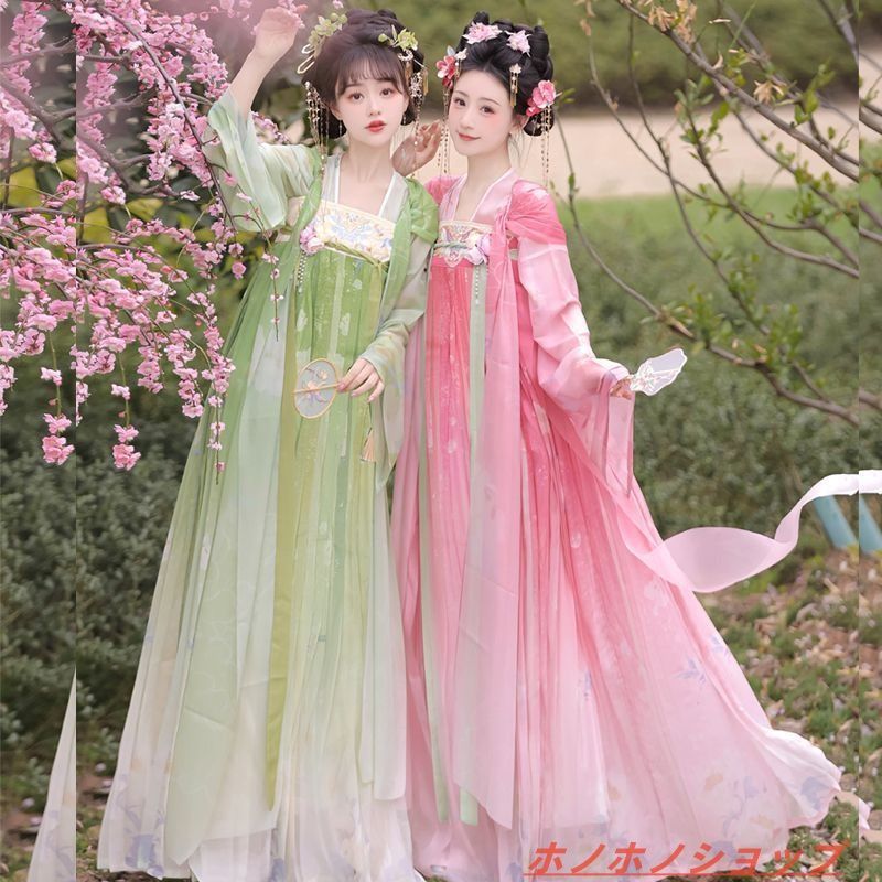 翡翠の海棠 唐制漢服 刺繍入り 対襟トップス＋齊胸スカート 日常使いに最適 春夏コレクション グラデーション染め 披帛付き エレガントで上品なデザイン