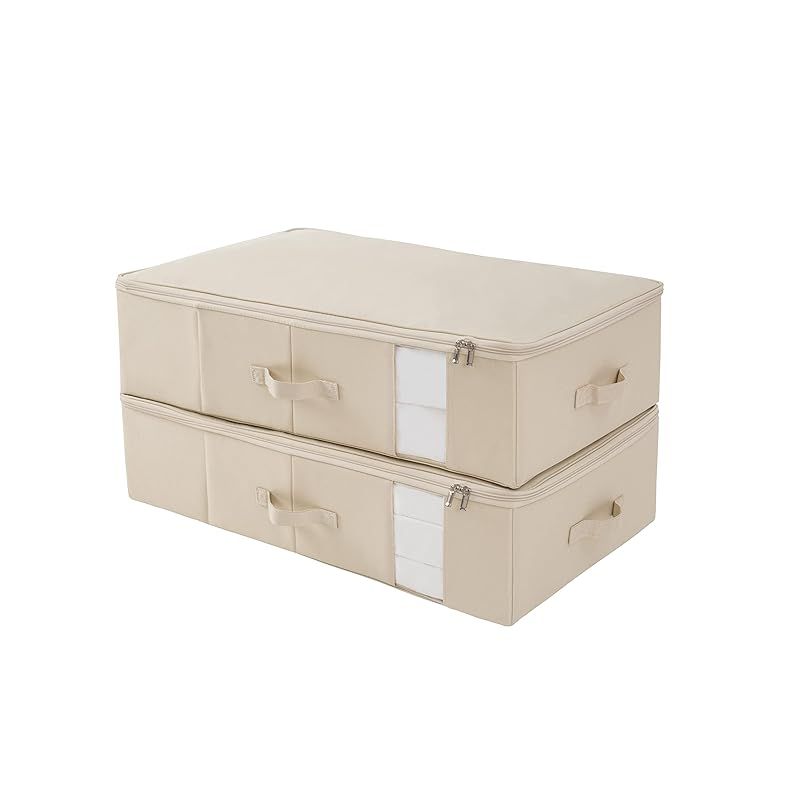 TIANZONG収納ボックス 収納ケース 大容量 衣類収納 折りたたみ 取っ手付き ふた付き おしゃれ 布製 衣装ケース 透明窓付き ファスナー (ベージュ， 幅70×奥行42×高さ18cm 2点セット) 0