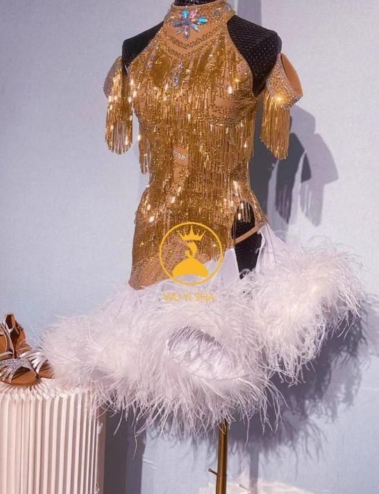 オーダーメイド 社交ダンス衣装　長袖 ゴールド ラテンワンピース色変更可 オーダーメイド 社交ダンス衣装 長袖 ゴールド ラテンワンピース色変更可