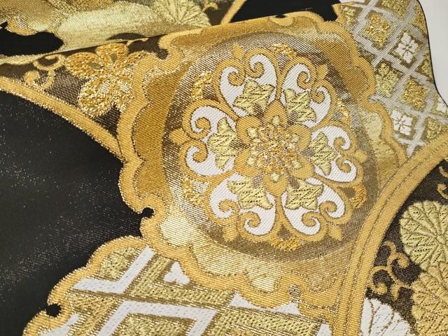 平和屋本店■極上　西陣　川島織物　六通柄　本袋帯　唐織　立波雪輪花唐草文　黒地　金糸　逸品　CYAA2259s5 平和屋本店□極上 西陣 川島織物 六通柄 本袋帯 唐織 立波雪輪花唐草文