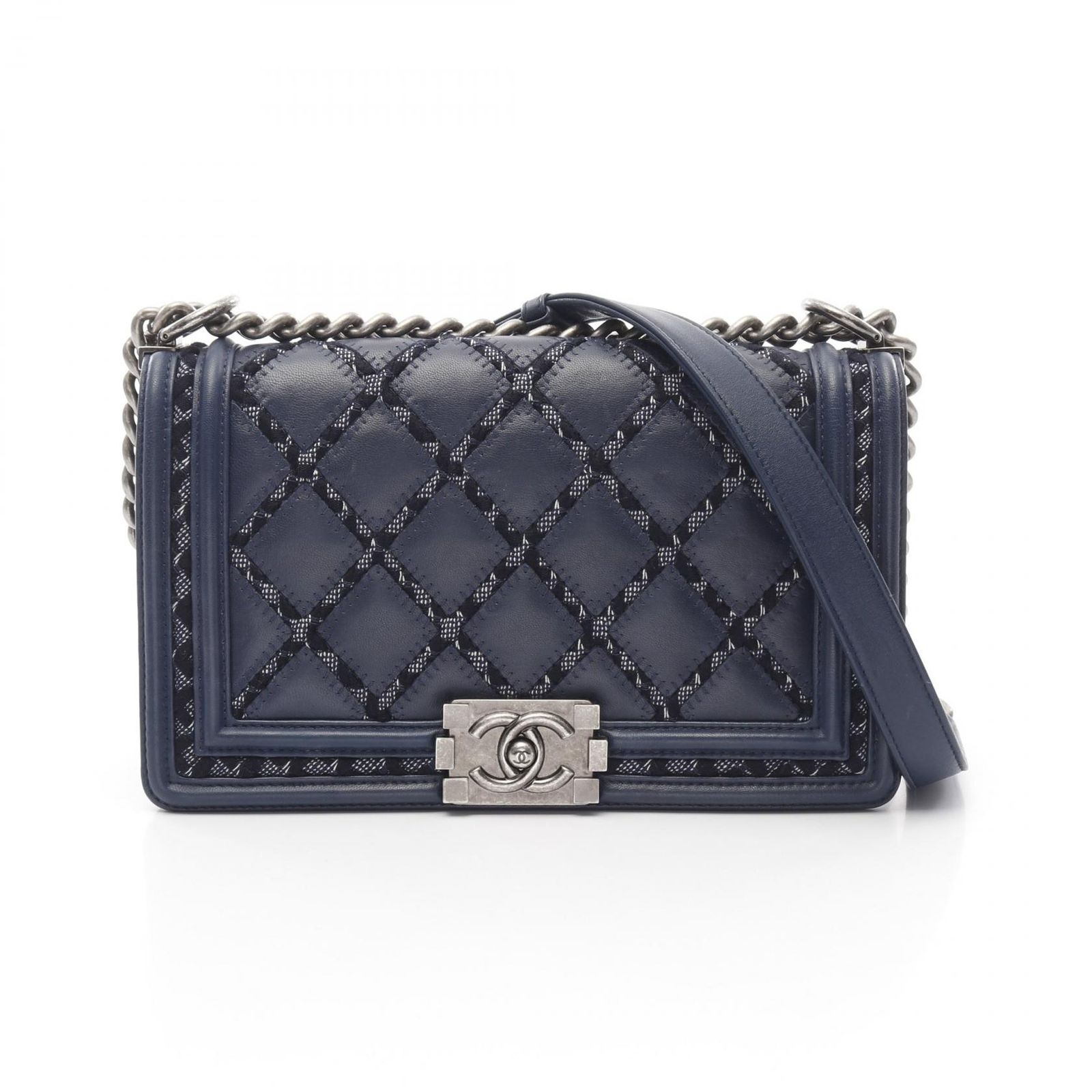 シャネル CHANEL ショルダーバッグ ボーイシャネル ツイードステッチ ネイビー ラムスキン 羊革 ボーイシャネル ツイードステッチ チェーンショルダー レディース Used A