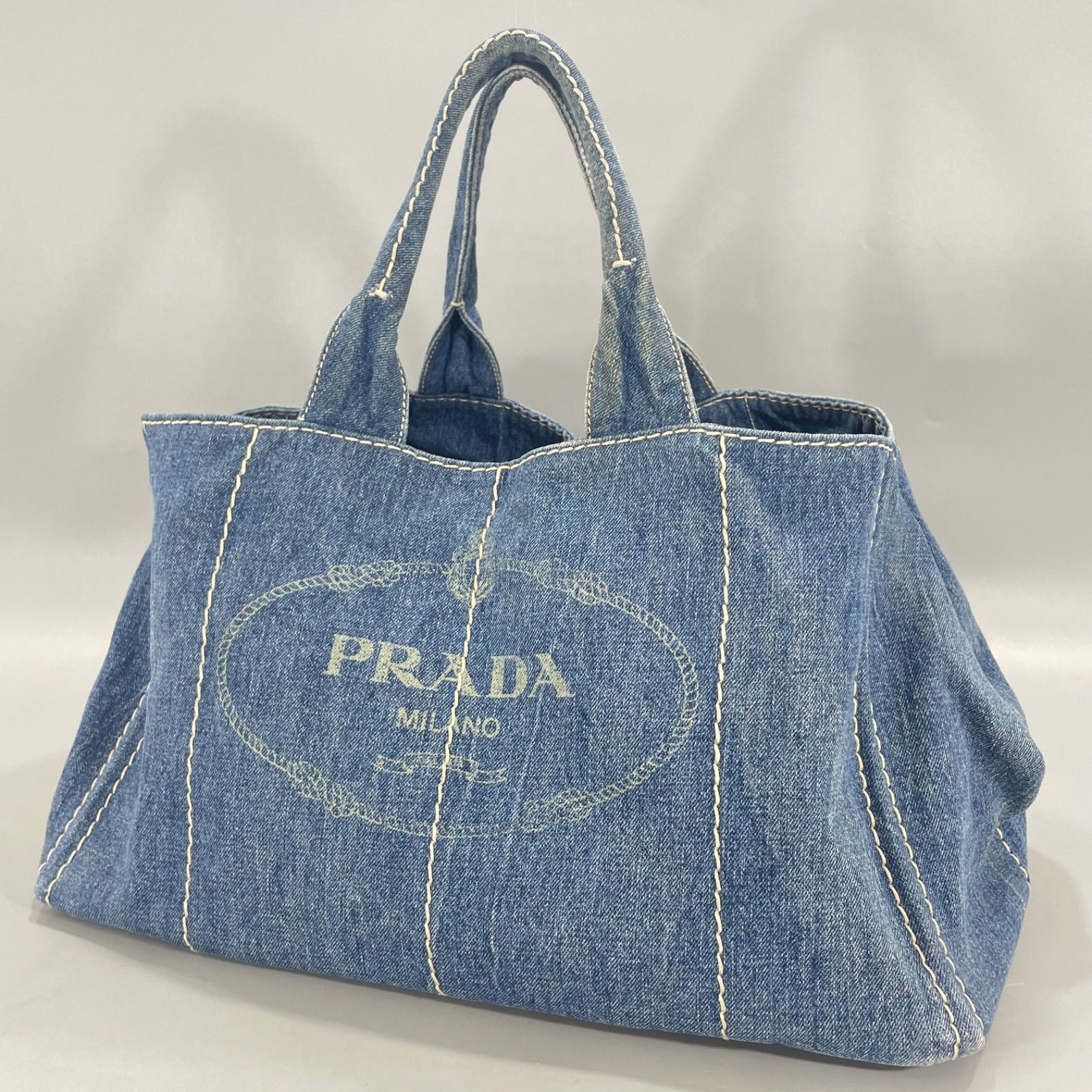 本物保証 PRADA プラダ カナパ デニム トートバッグ 三角プレート L 