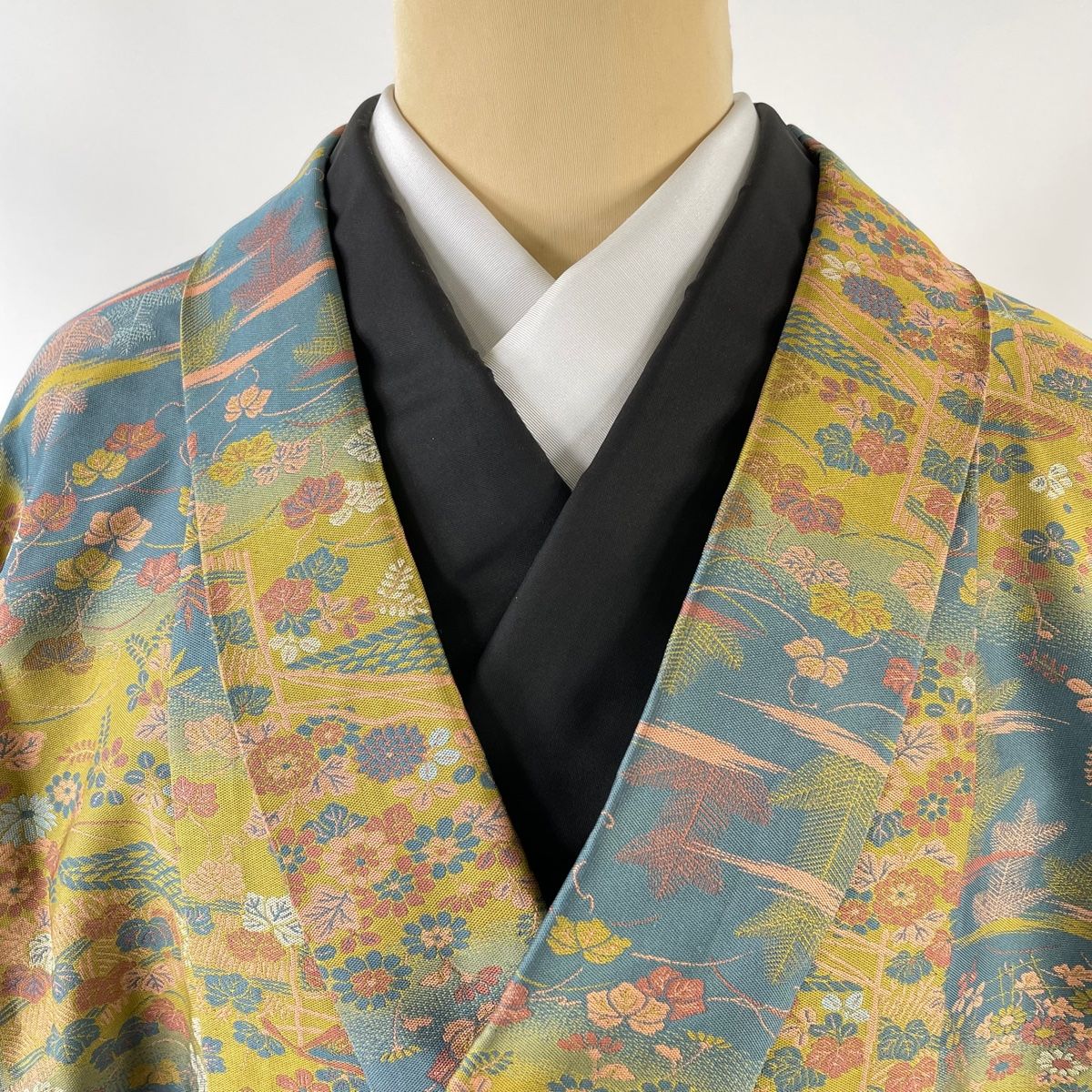 道中着 身丈104.5cm 裄丈66cm M 和装コート 着物衿 松竹梅 草花 青灰色  