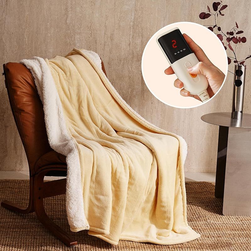 Jet s Home 電気掛 敷毛布 -180×130cm 電気ブランケット 6段階温度調整＆10時間タイマー設定機能 自動オフ 速暖 洗い 省エネ 節電 防寒対策 暖房器具 イエロー 1