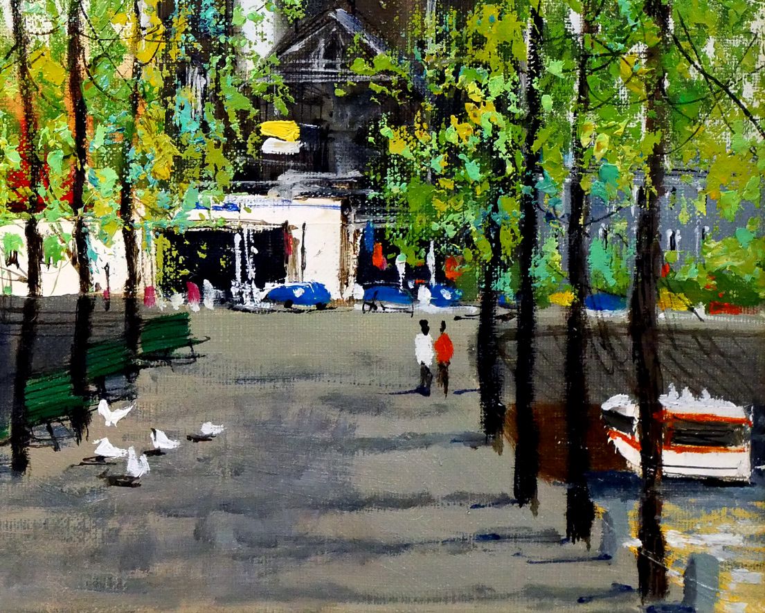 前島 俊雄「運河沿いの並木（オランダ・アムステルダム）」油絵