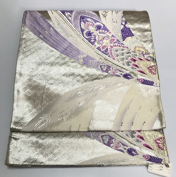 袋帯 九百錦 美しい孔雀に花模様 六通 正絹 着物 RO-2315 平和屋着物◎六通柄袋帯 唐織 孔雀花文 九百錦 プラチナ箔 正絹