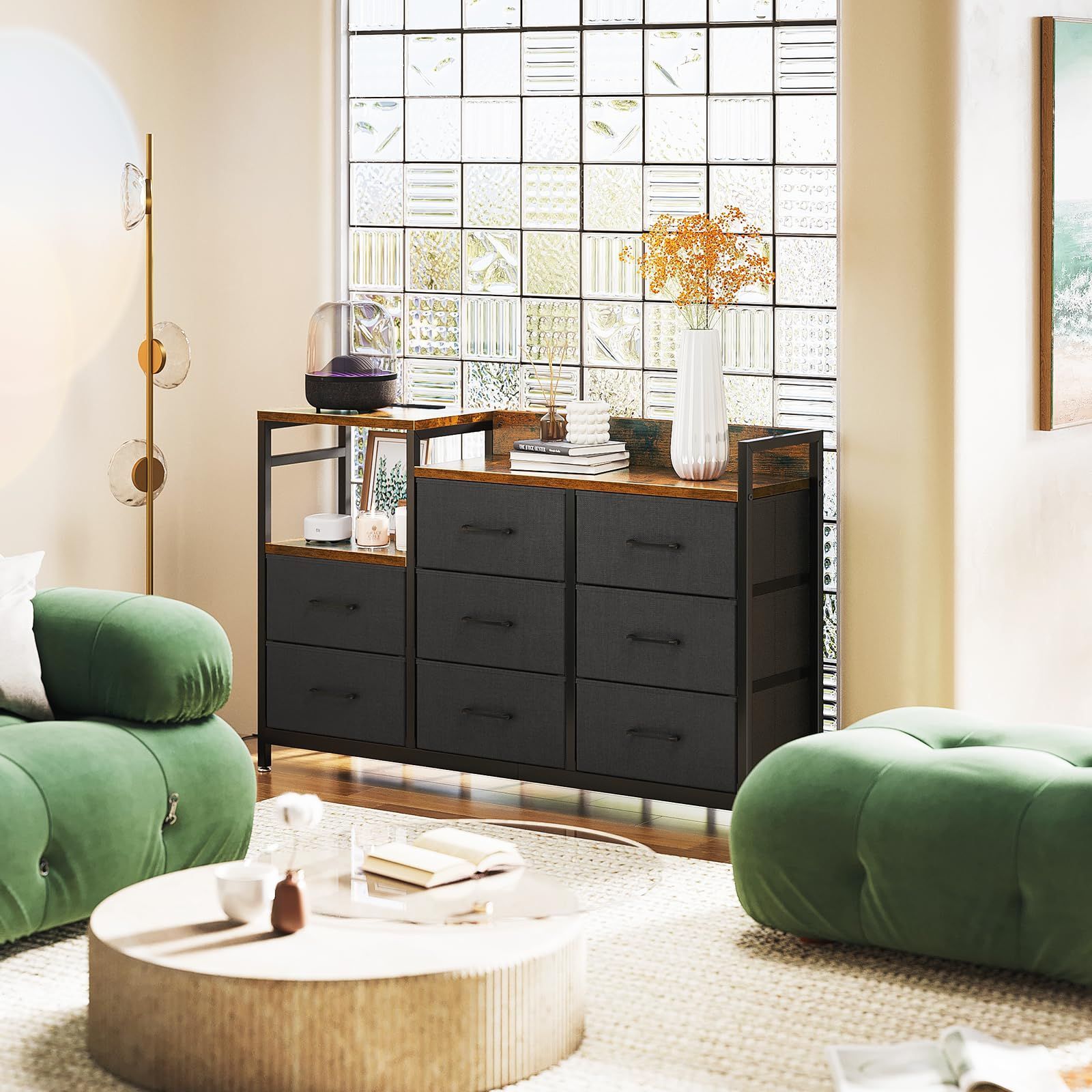 チェスト タンス 収納ケース 引き出し 衣類収納 リビング収納 布製 KKL 引き出し付き 衣装ケース 箪笥 転倒防止 安定感 3段8杯 ビンテージ＋ブラック 幅132×奥行30×高さ88cm