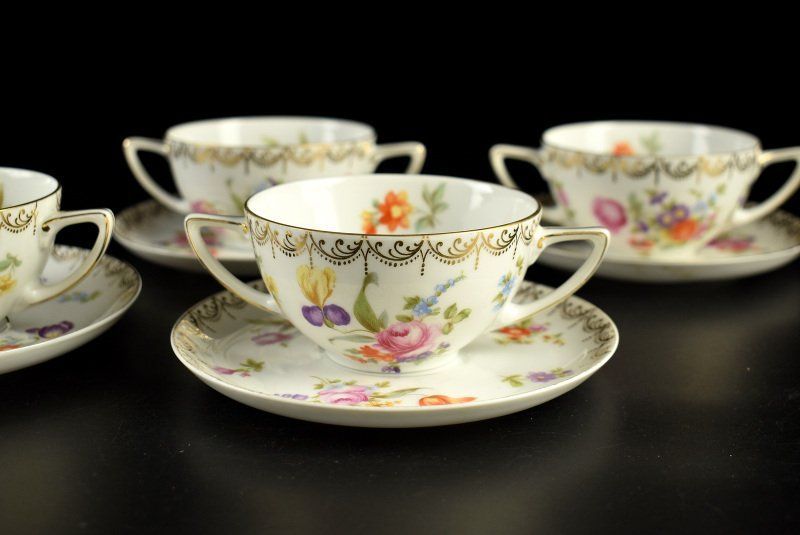 蔵C9781a アンティーク ローゼンタール 金彩花図紋 スープカップ&ソーサー 4客