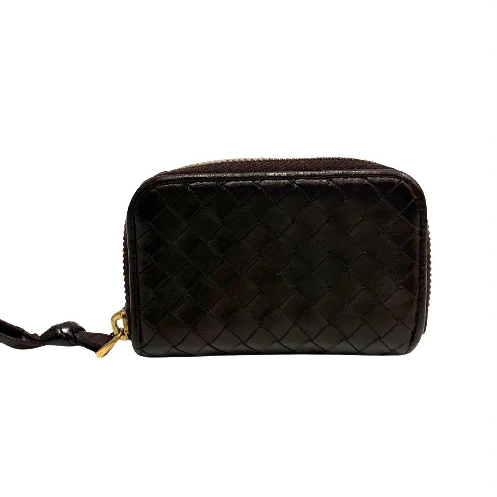 極 美品 箱 袋付 BOTTEGA VENETA ボッテガヴェネタ イントレチャート レザー 本革 ラウンドジップ 小銭入れ コインケース 財布 茶 24810