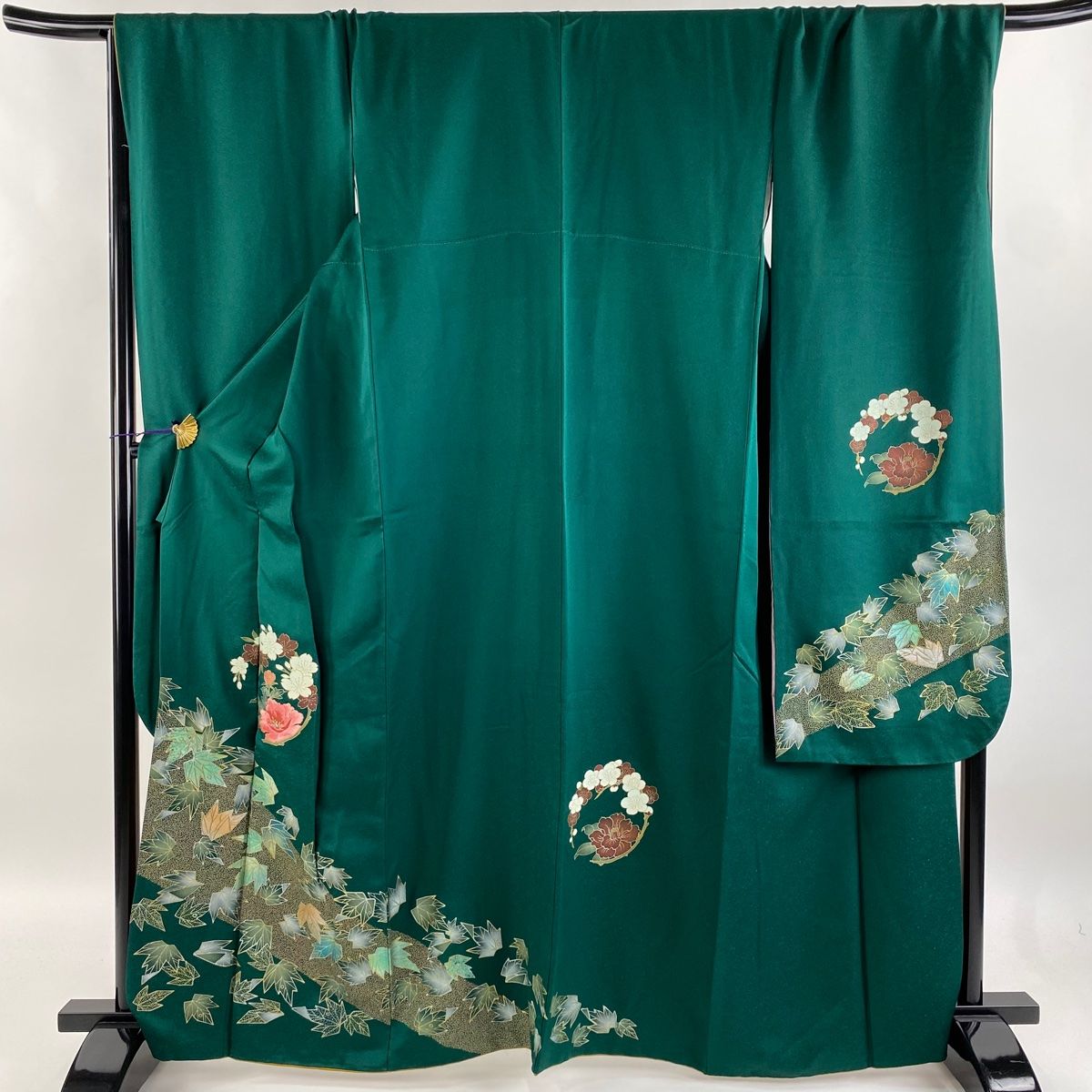 振袖 身丈164.5cm 裄丈71cm L 袷 花丸文 葉柄 金糸 刺繍 緑 正絹