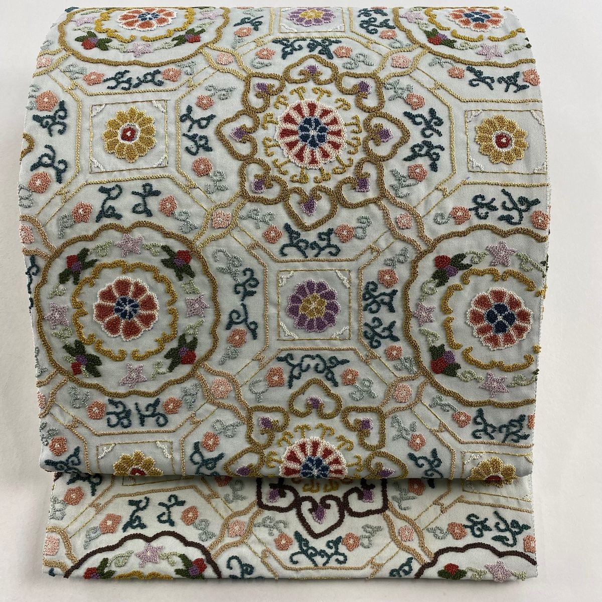 袋帯 名品 華文 蜀江文 相良刺繍 金糸 薄緑 お太鼓柄 正絹