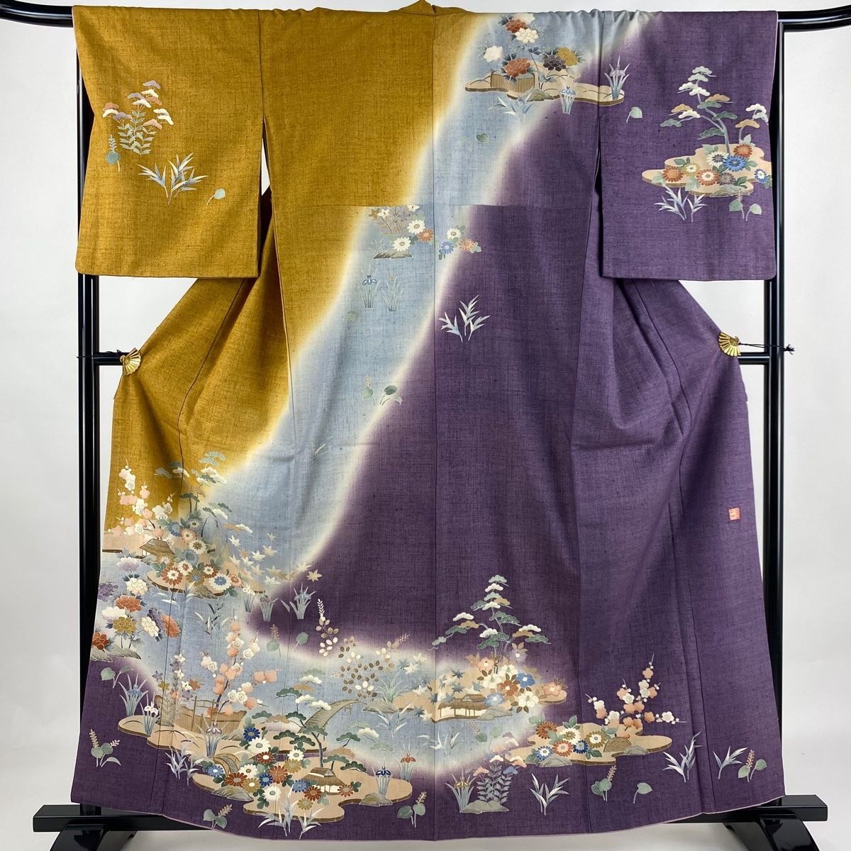 紬 身丈159.5cm 裄丈67cm M 袷 風景 建物 焦茶色 正絹 名品 【中古  