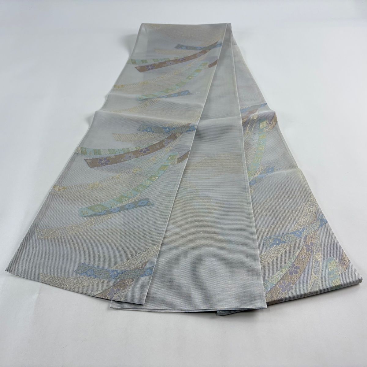最新エルメス 絽 夏帯 秀品 美品 袋帯 熨斗 【中古 正絹 六通 灰色 箔 草花 着物・浴衣