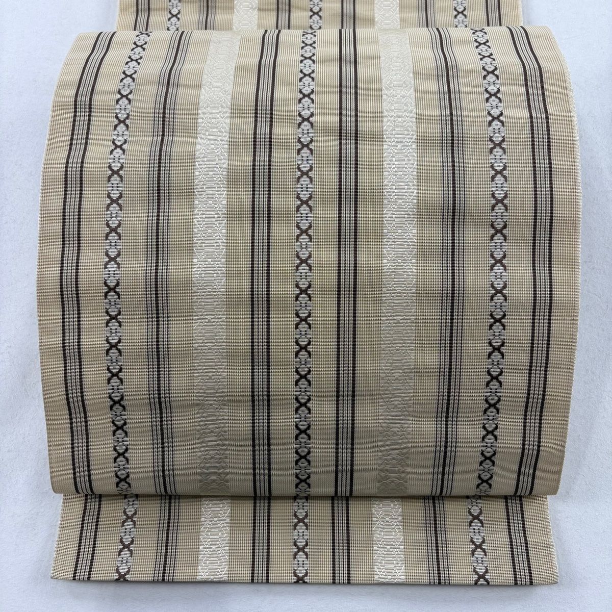 名古屋帯 秀品 夏帯 八寸名古屋帯 縞 独鈷 ベージュ 正絹
