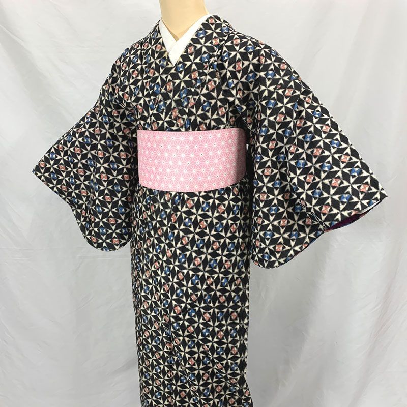 410aa3◇Kimono アンティーク着物 銘仙 花七宝 大正ロマン 昭和レトロ 和洋MIXコーデ ジュニアにも◇状態良好