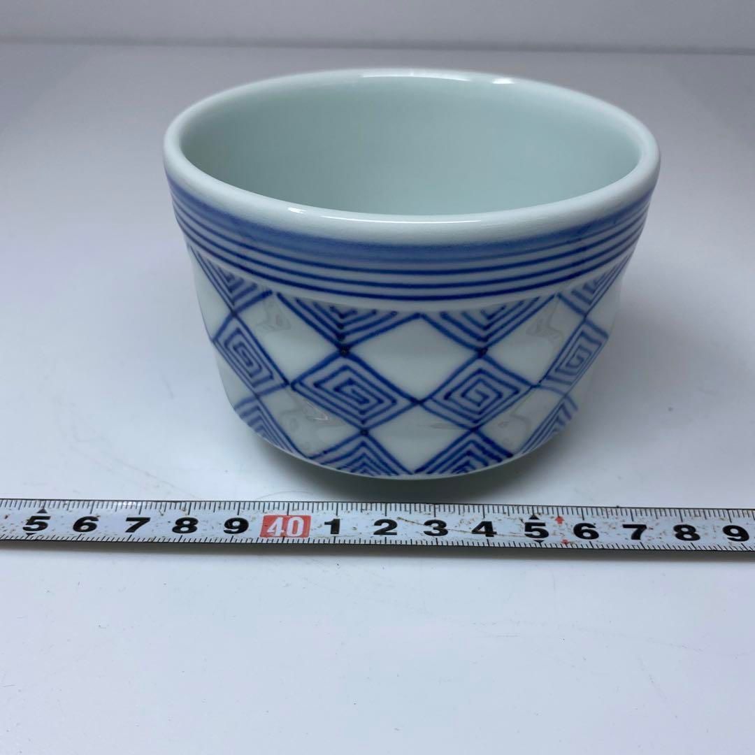 中村公紀 四代諏訪蘇山 染付雷文 茶碗 共箱 口径9.6㎝