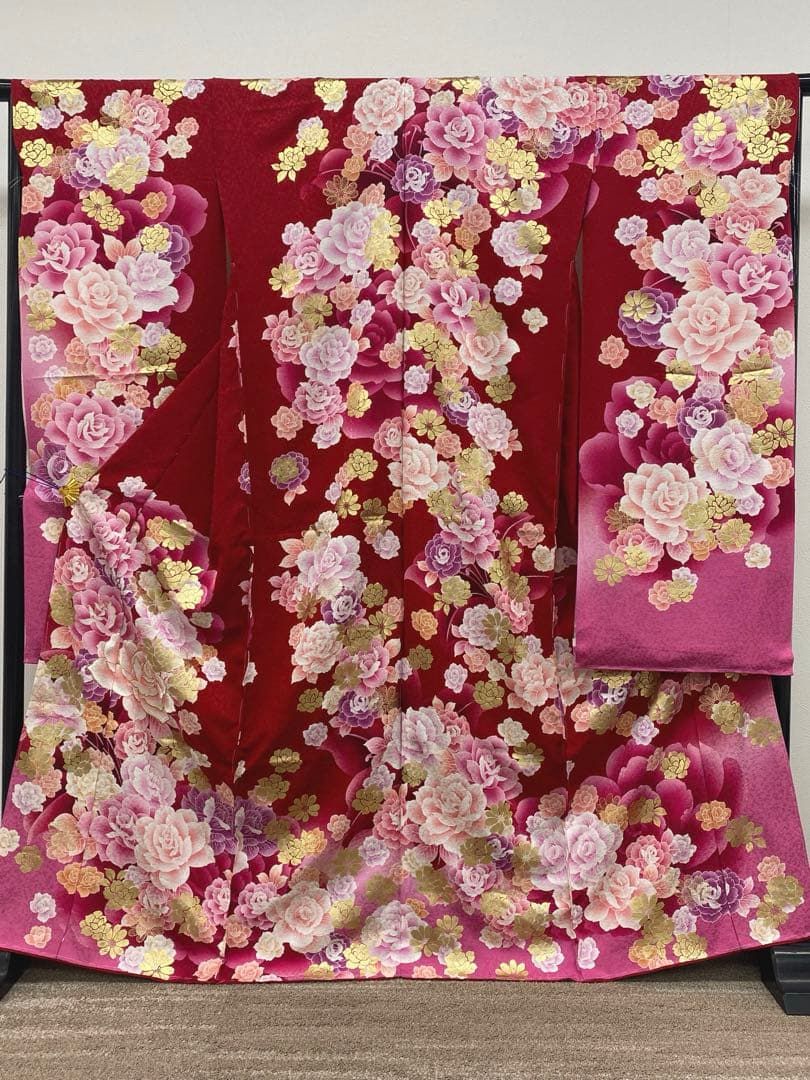 振袖 仮絵羽 舞台衣装 金彩 銀通し ラメ刺繍 薔薇 正絹 未仕立て品 八 