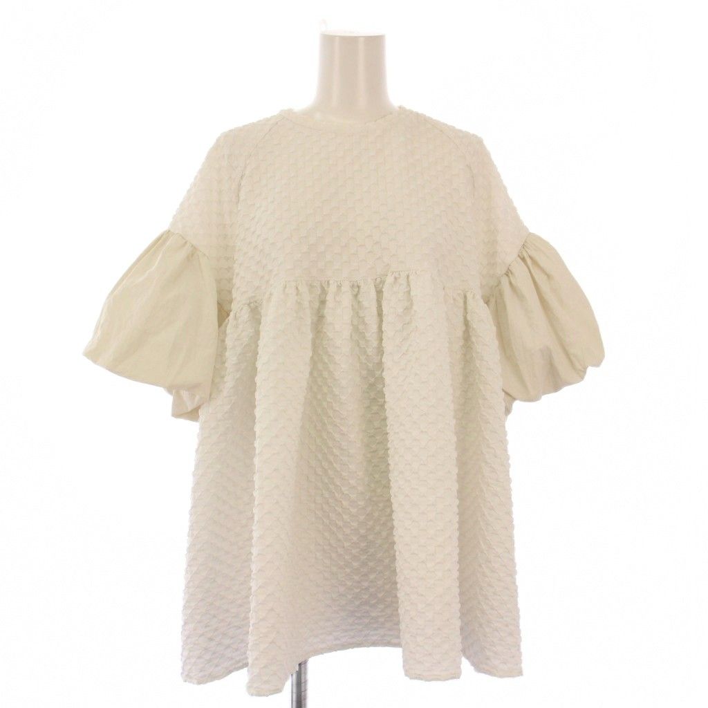 スリースクエア THREE SQUARE ポコポコジャガードブラウス シャツ プルオーバー 半袖 クルーネック フ 切替 F 白 ホワイト V11M632-01-F BB