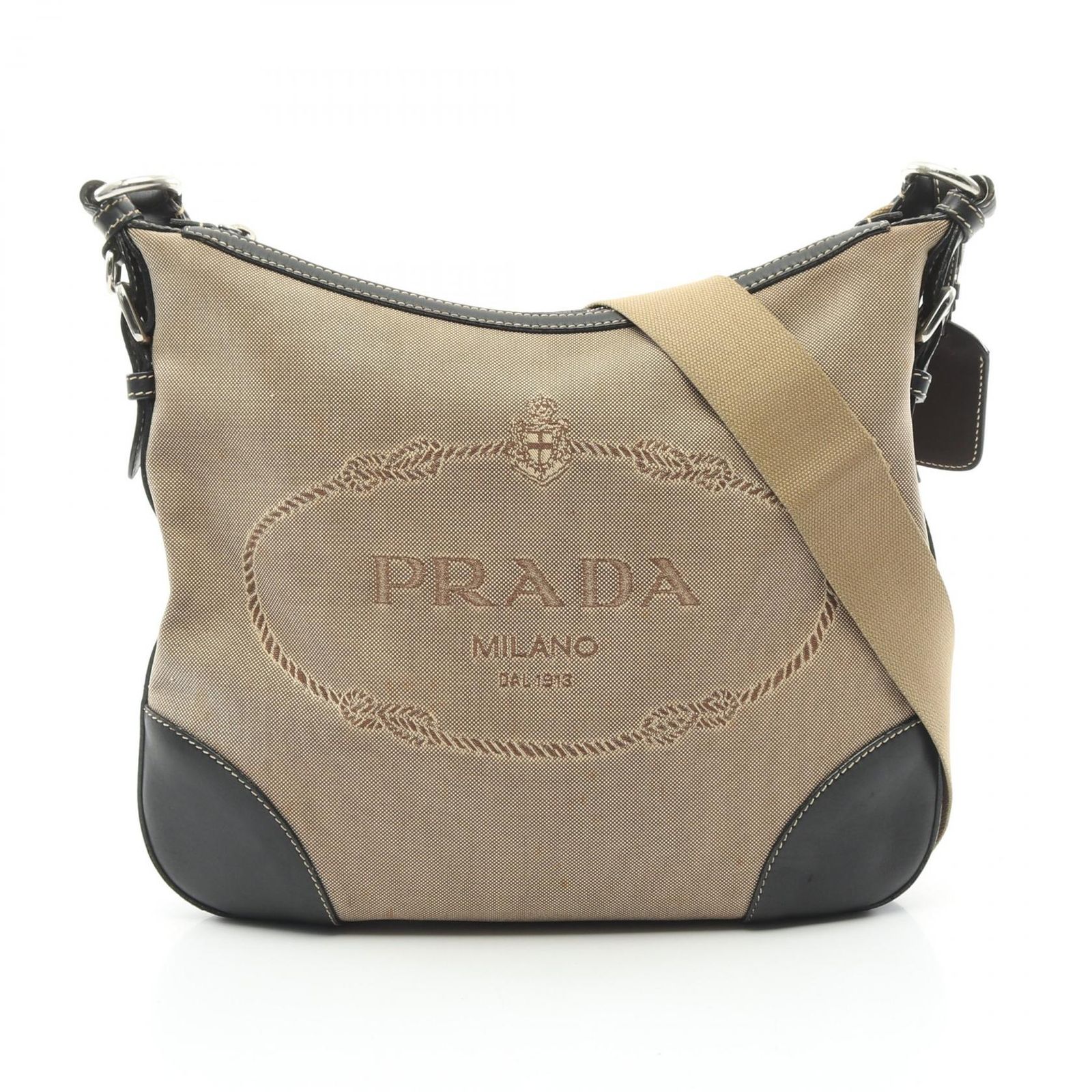 プラダ PRADA ショルダーバッグ LOGO JACQUARD ロゴジャガード ベージュ|ブラック キャンバス ショルダーバッグ レディース Used B