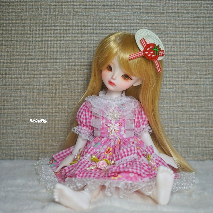 JANAYAハンドメイド 1 6サイズドール服 ピンク格子柄ワンピース3点