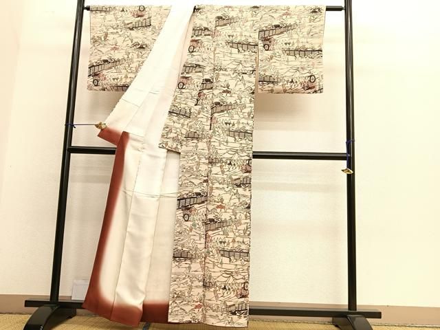 平和屋着物□上質な小紋 型染め 大名行列 鬼しぼ縮緬 正絹 逸品