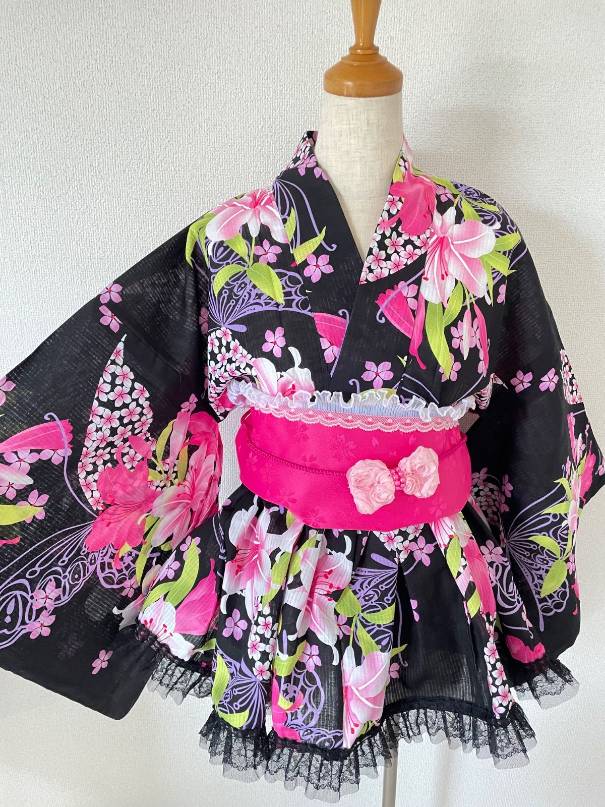 大人用ギャル浴衣ドレス 浴衣ドレス 黒 帯セット 姫ギャル ロリィタ 平成 Y2K ピンク