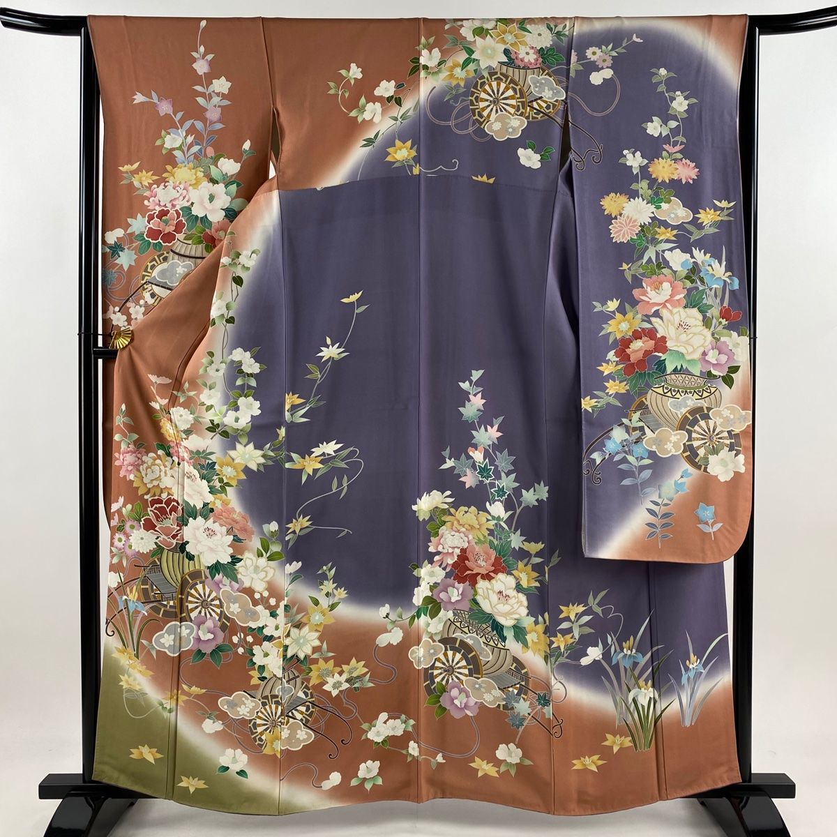 振袖 身丈162cm 裄丈64.5cm M 袷 花車 椿 染め分け ぼかし 薄オレンジ 正絹 秀品