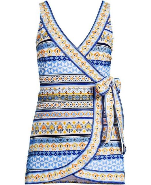 ランズエンド レディース ワンピース トップス Women s Side Tie Mini Swim Dress Swimsuit White mosaic stripe border DECORATOM_COM_BR