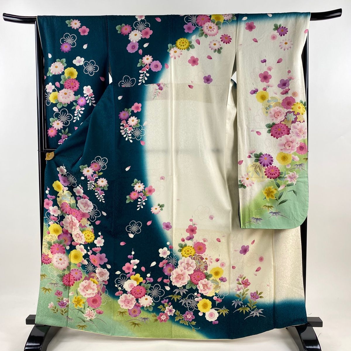 振袖 身丈166cm 裄丈66.5cm M 袷 桜 雪輪 銀通し 金糸 深緑 正絹